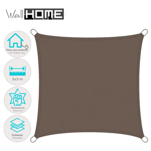 Well Home Paño de Sombra Cuadrado 30x30cm en Poliéster Topo con UPF 50+ y Ganchos de Metal