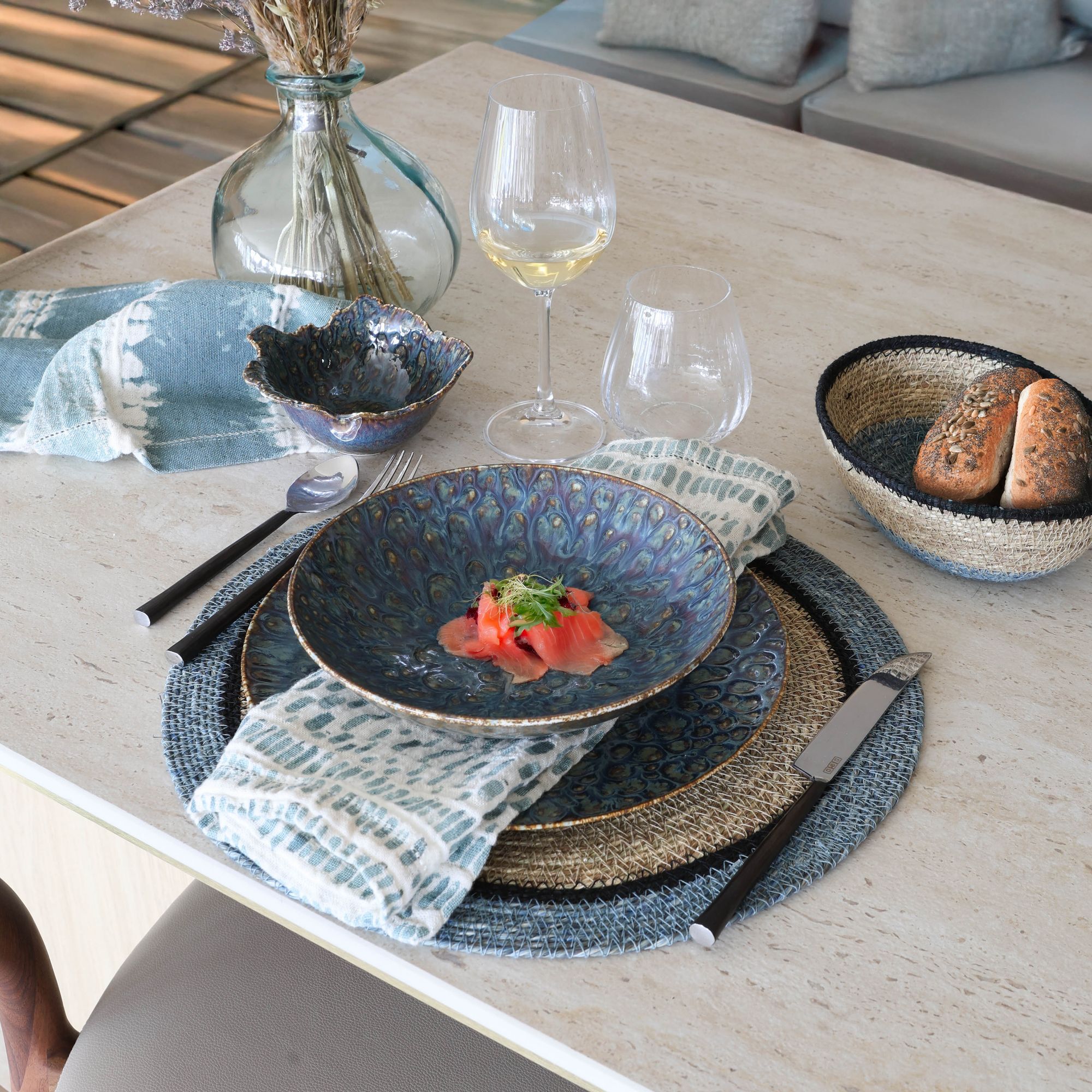 Lot de 6 sets de table en jonc de mer naturel et bleu d38cm IRIS