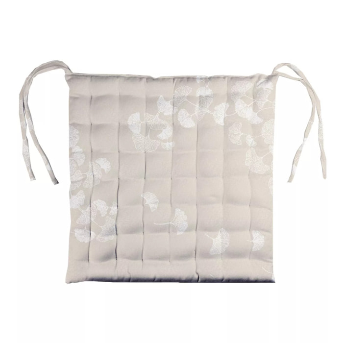 Galette de chaise pur coton enduit motif jacquard Mille ginkos naturel