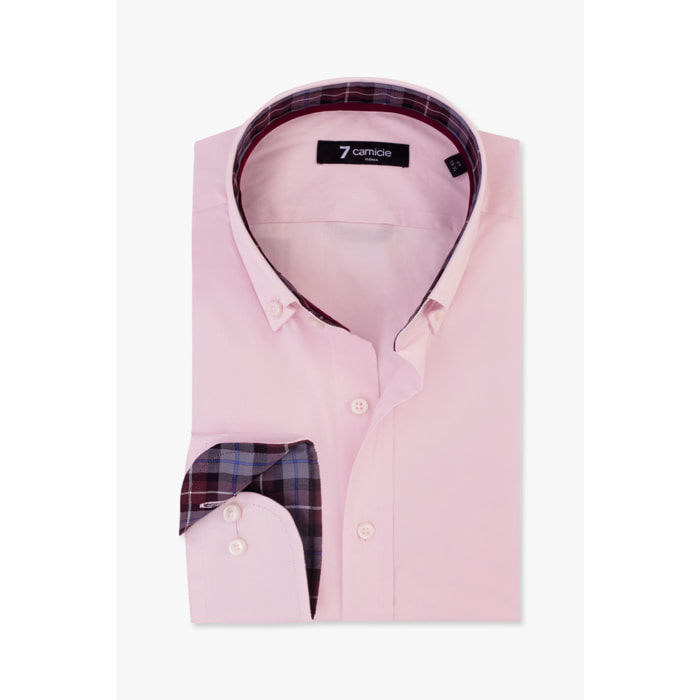 camicia uomo 1 bottone button down slim Popeline Stretch Unito Rosa