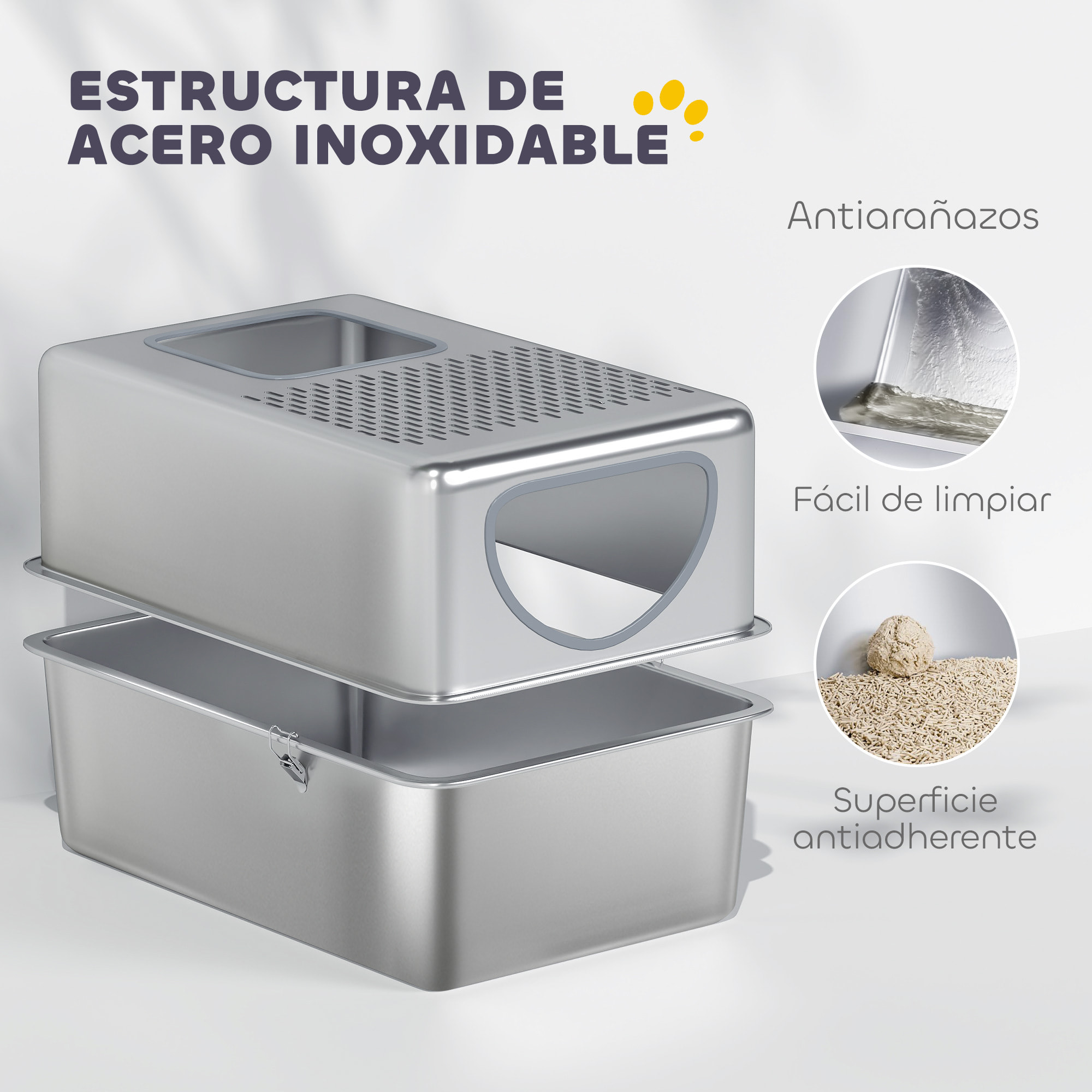 Arenero para Gatos de Acero Inoxidable XL Caja de Arena para Gatos Arenero con Pala Aberturas Dobles Fácil de Limpiar Plata