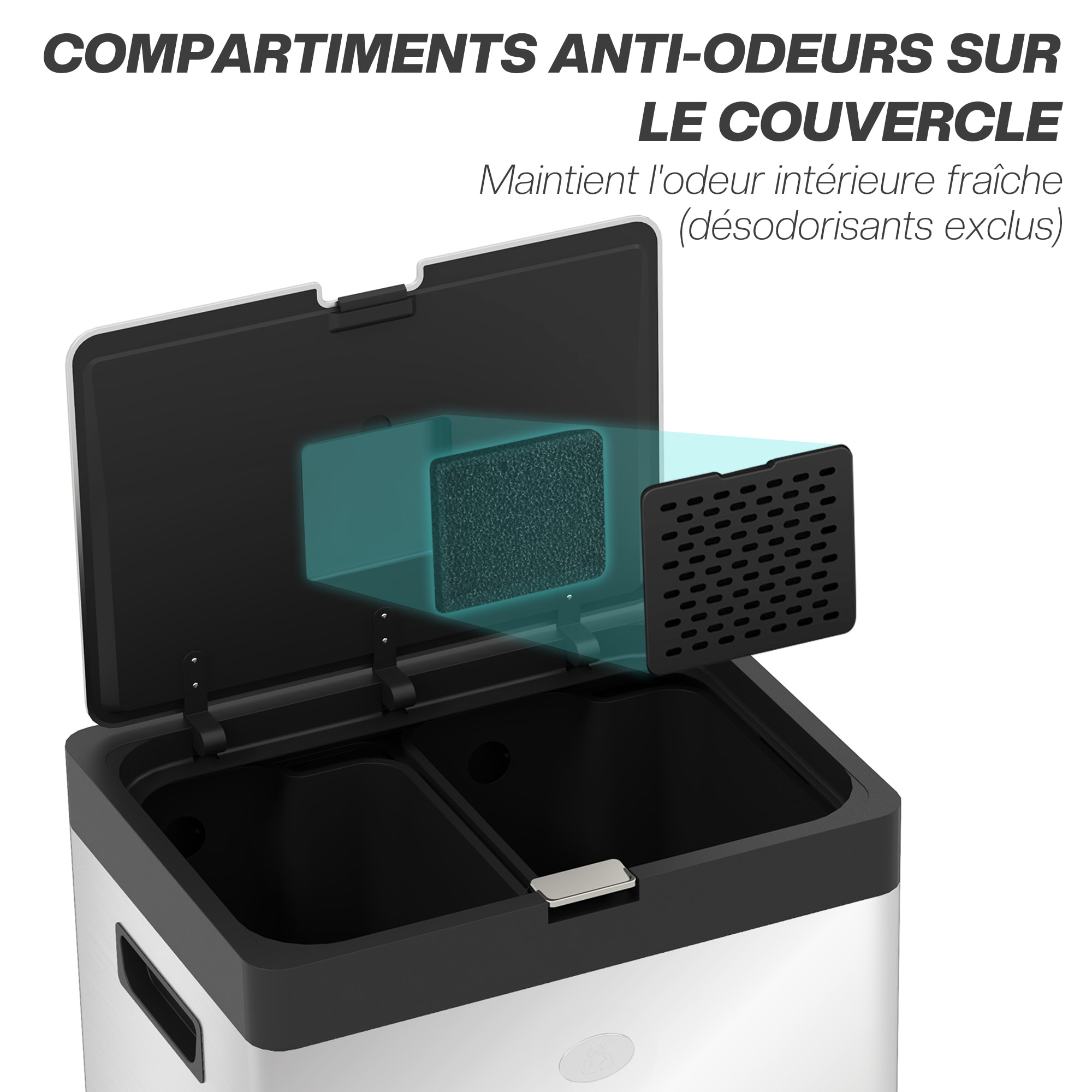 Poubelle de cuisine 2 x 18L + 20L - poubelle à pédale 3 compartiments seaux amovibles filtre anti-odeur - acier inox. brossé