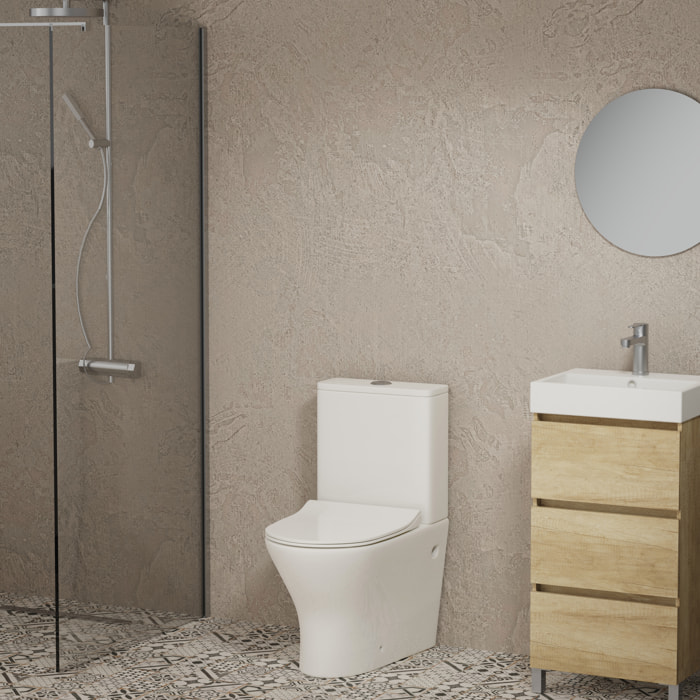 Pack WC A6 + Manguito conector | Inodoro de ceramica | Manguito extensible 150-470mm | WC con Tapa amortiguada | Doble descarga | Salida dual | Alday