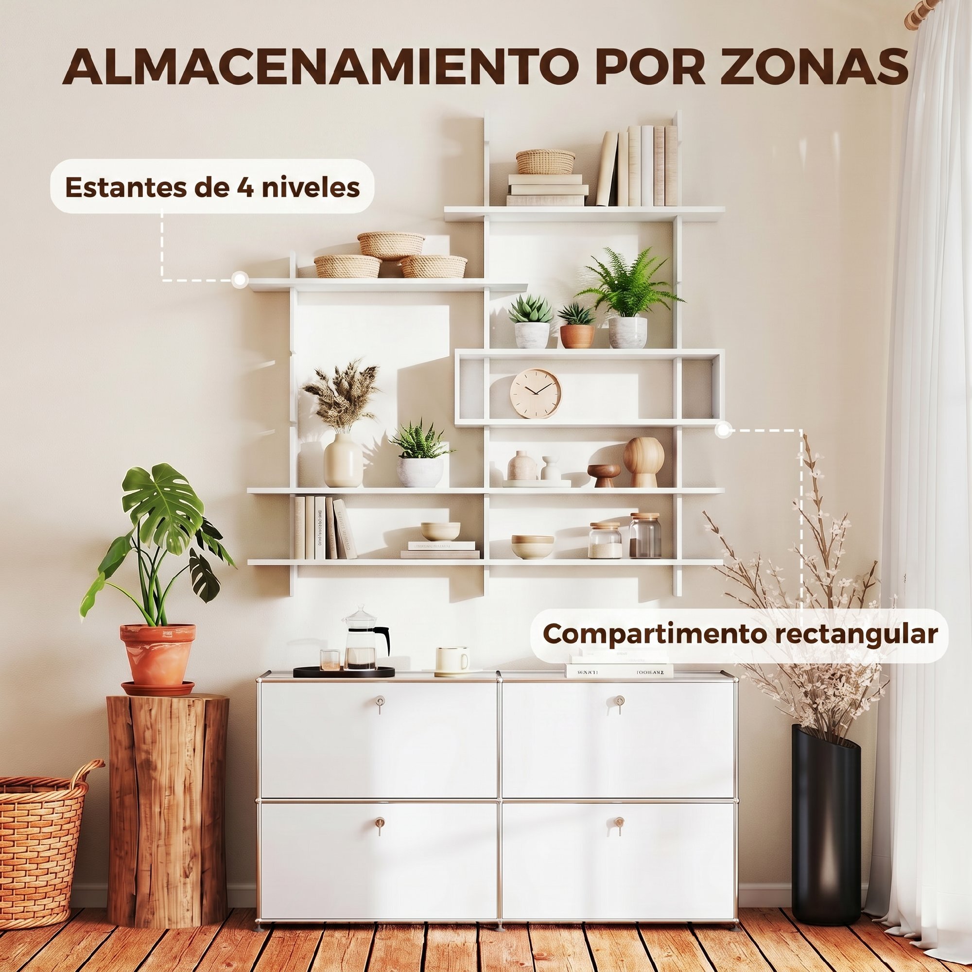 HOMCOM Estantería de Pared, Librería Geométrica con 4 Estantes y Compartimento Central Rectangular, Estantes Decorativos para Salón o Dormitorio, Blanco