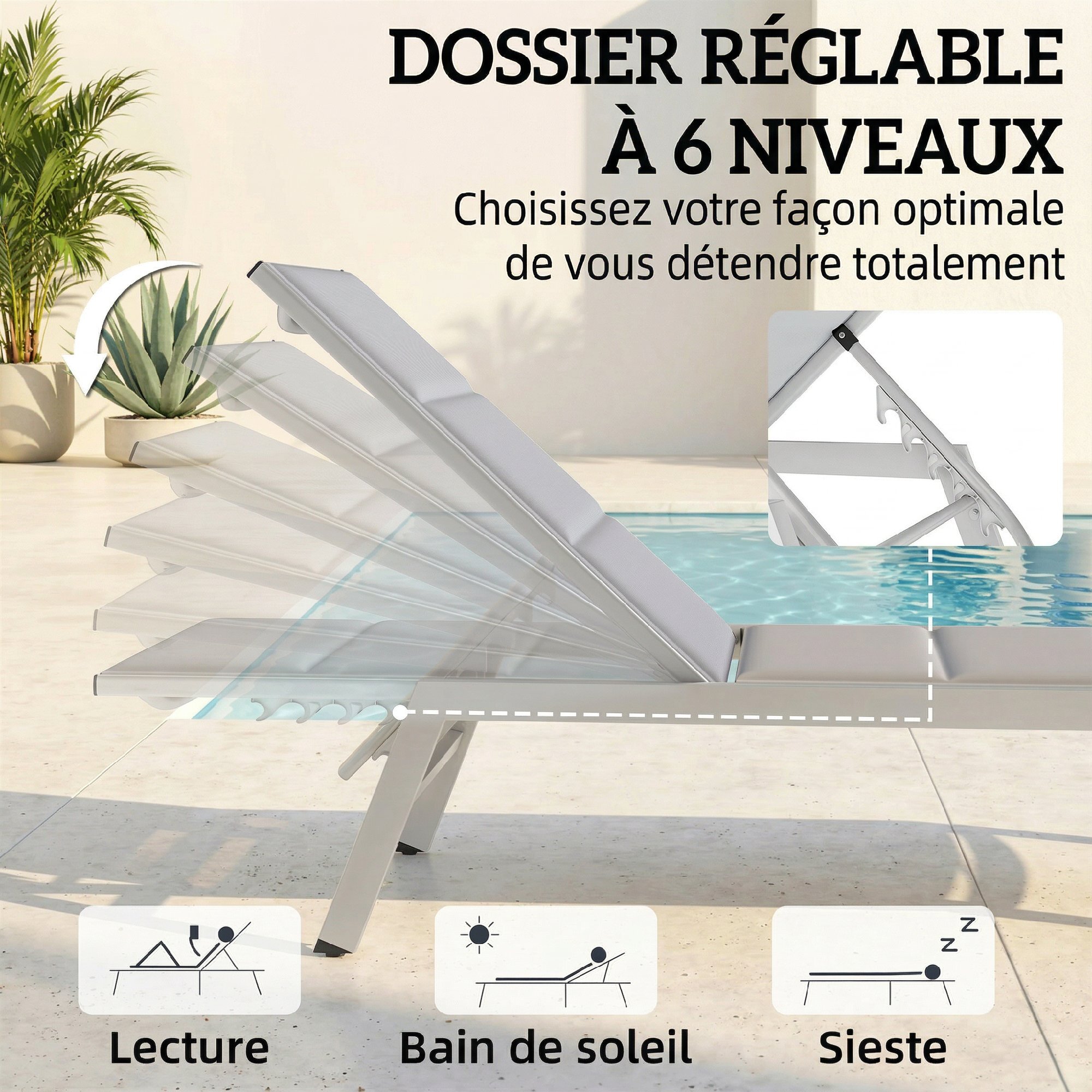 Bain de soleil réglable 6 positions 1 place aluminium gris clair