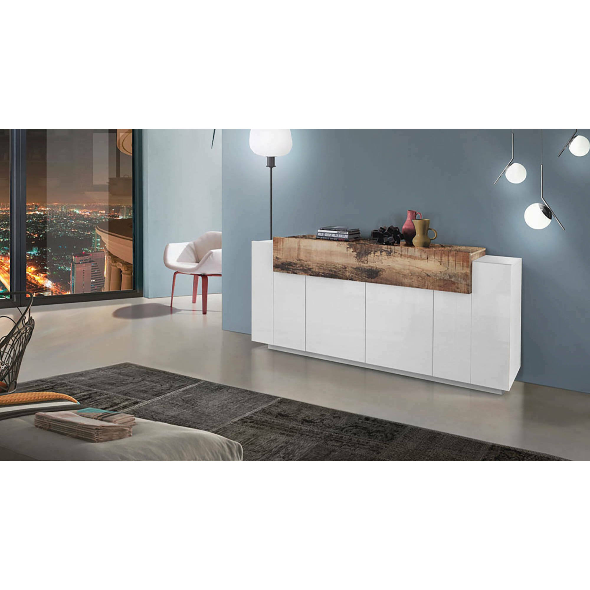 Credenza moderna a 5 ante, Made in Italy, Madia da cucina, Buffet di design da soggiorno, cm 200x45h86, colore Bianco lucido e Acero