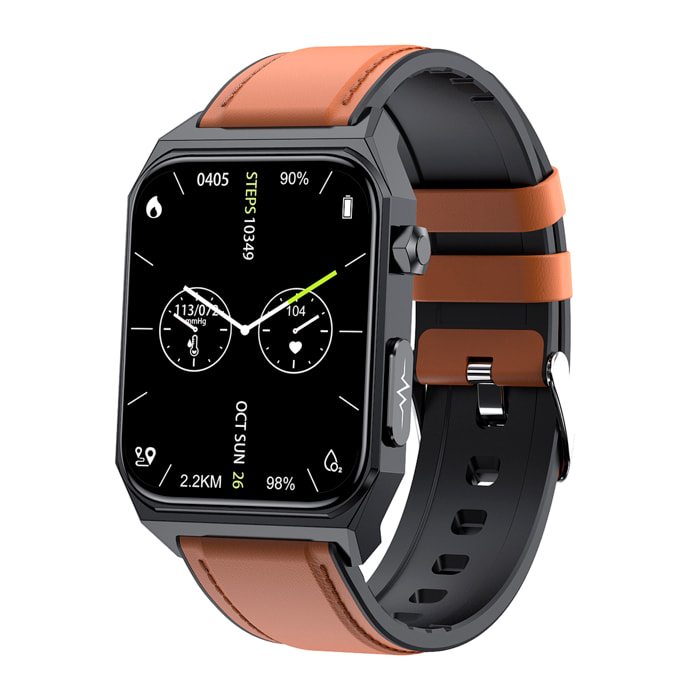 Smartwatch E530 con rilevamento della glicemia, monitor della pressione e O2. ECG con misurazione sul petto. Schermo da 1,91. Cinturino in pelle.