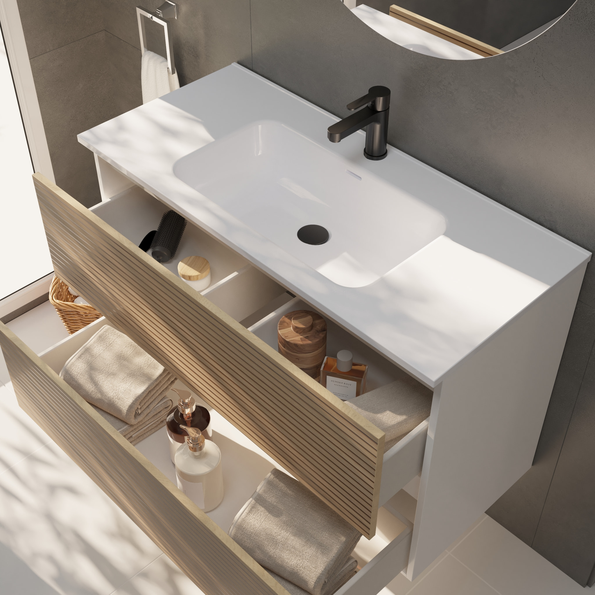 CONJUNTO DE BAÑO YINU | 100 CM BLANCO - SOLOMON | DOS CAJONES | LAVABO ENCASTRADO | NO INCLUYE ESPEJO | ALDAY