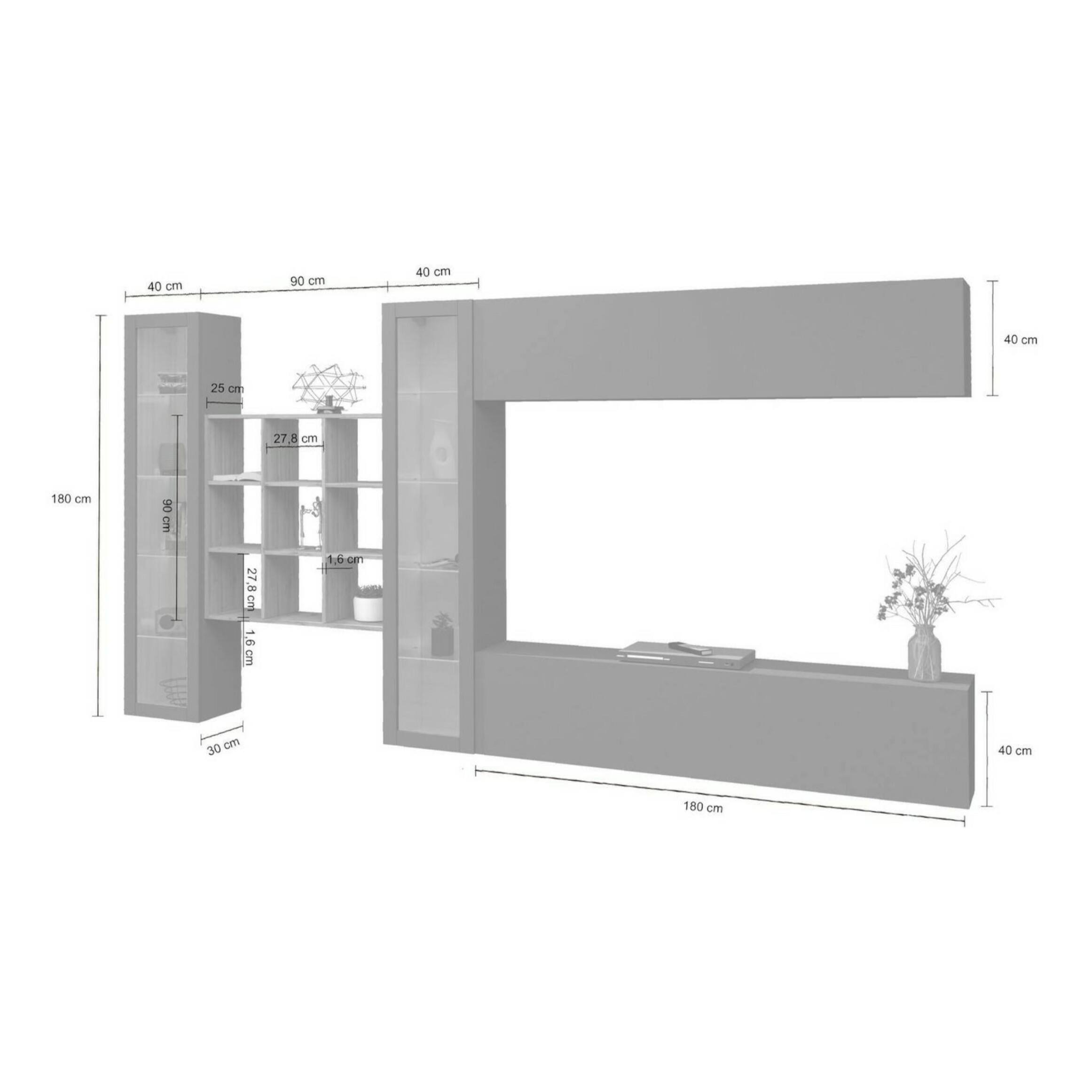 Parete attrezzata Gustavo, Set salotto porta TV a 4 ante, Mobile soggiorno multiuso con vetrina e luce LED, 100% Made in Italy, cm 350x30h180, Bianco lucido