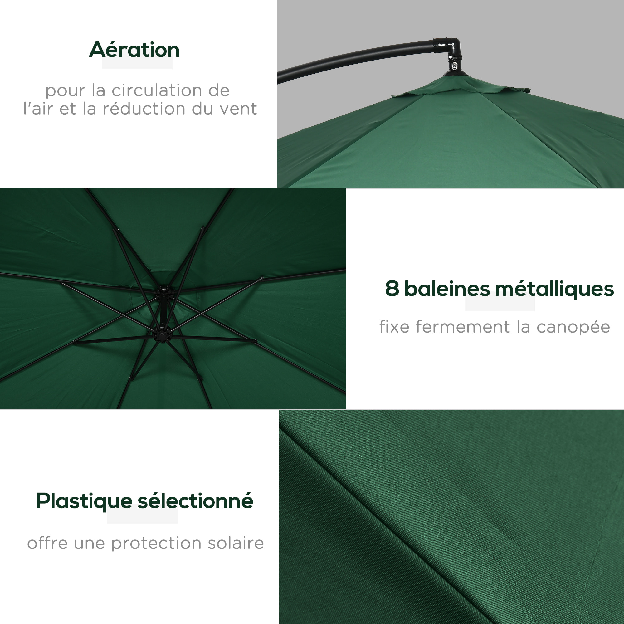 Parasol déporté octogonal inclinable pivotant manivelle moustiquaire pied acier Ø 2,95 x 2,42H m vert