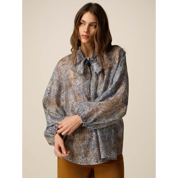 Oltre - Blusa fantasia con fiocco - Azzurro