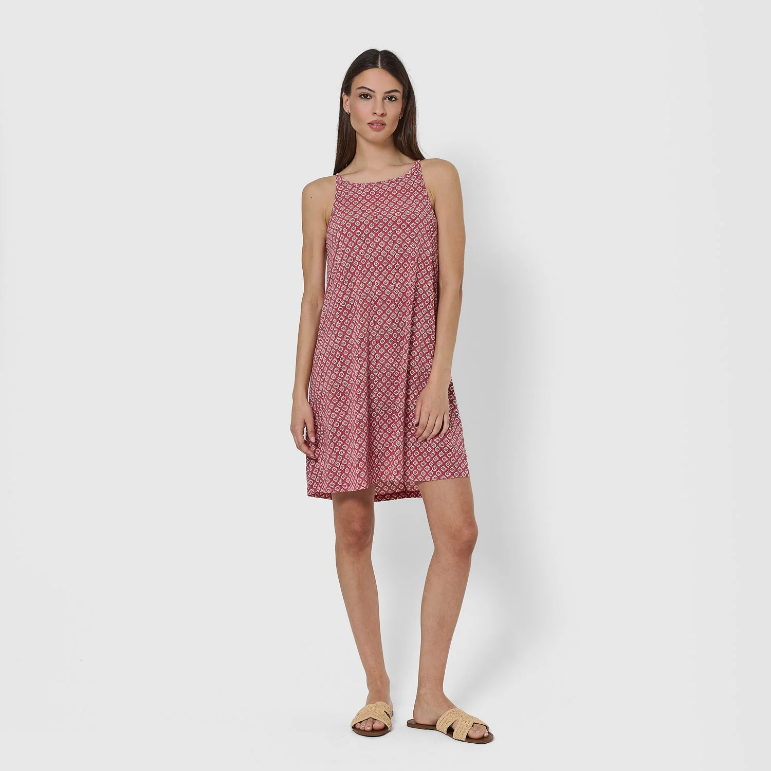 Vestido corto tirantes crepe Neville fresa