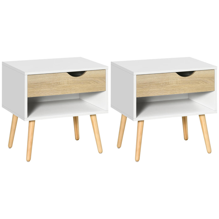 Set de 2 Mesitas de Noche Mesa Auxiliar con 1 Cajón y Estante de Almacenamiento para Dormitorio Salón Cama Oficina Estilo Moderno 50x39x51 cm Blanco y Roble