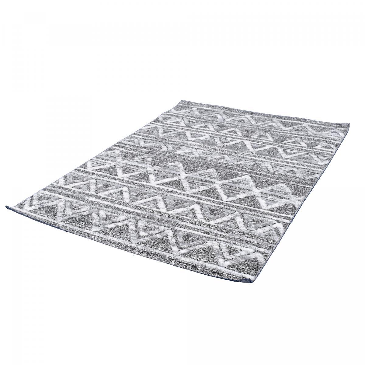 Tapis Gaco en relief dessin ethnique géométrique, couleur gris et blanc