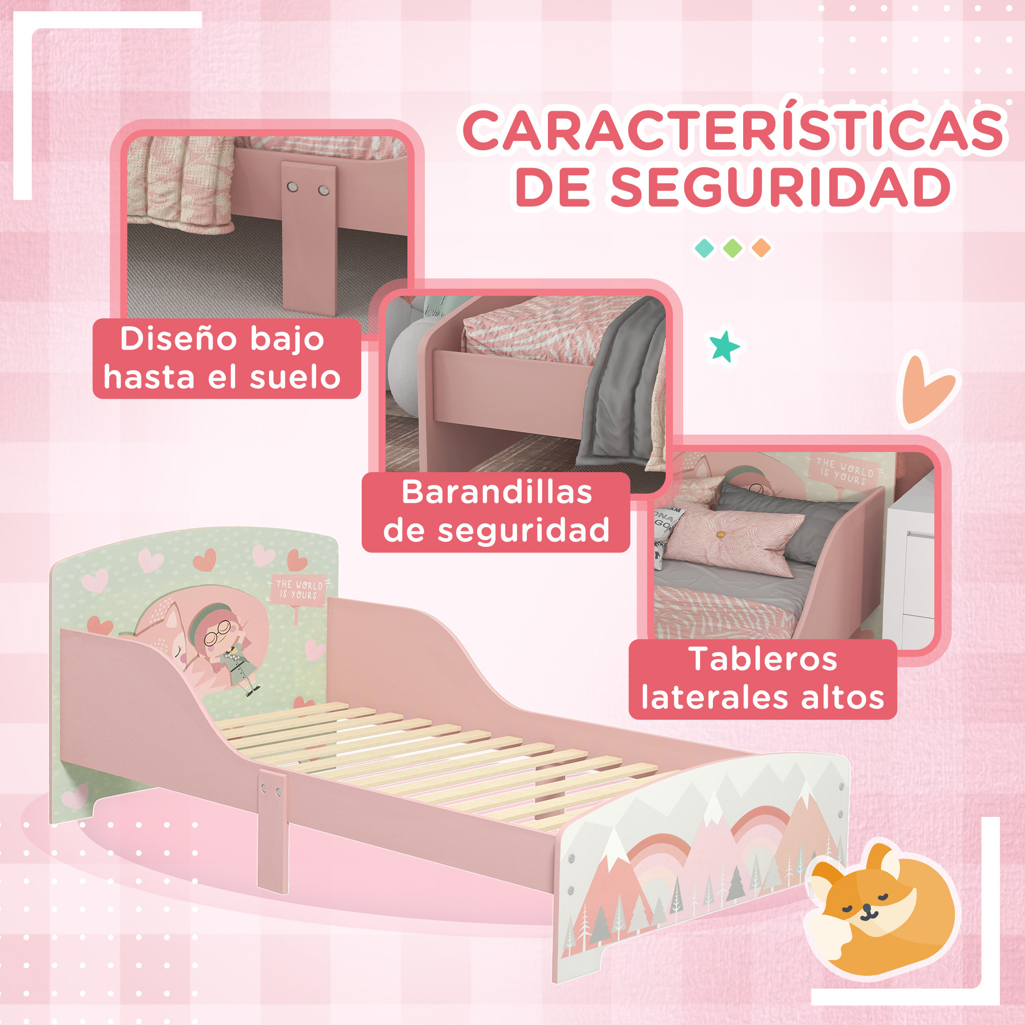 Conjunto para Niños Incluye 1 Cama Infantil de Madera con Barreras de Protección y 1 Estantería para Juguetes con 6 Cajas de Tela no Tejida Extraíbles Rosa