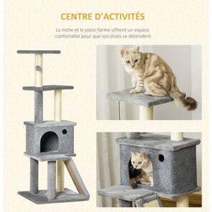 Arbre à chat centre d'activités multi-équipé griffoirs grattoir jeu boule suspendue niche housse amovible plateformes gris