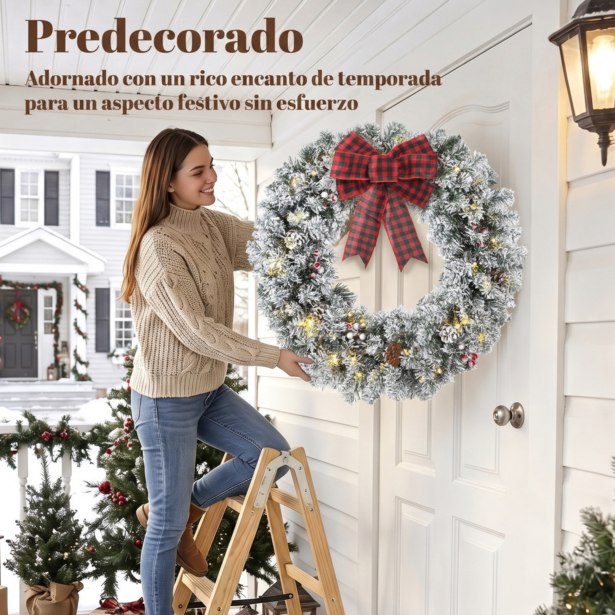 HOMCOM Corona de Navidad Puerta Efecto Nevado con 50 LED Luces, 8 Modos, Guirnalda de Navidad con Piñas, Bayas y Lazo Festivo, Corona Navideña Artificial, Decoración para Chimenea, Pared, Ventana