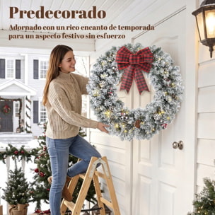 HOMCOM Corona de Navidad Puerta Efecto Nevado con 50 LED Luces, 8 Modos, Guirnalda de Navidad con Piñas, Bayas y Lazo Festivo, Corona Navideña Artificial, Decoración para Chimenea, Pared, Ventana