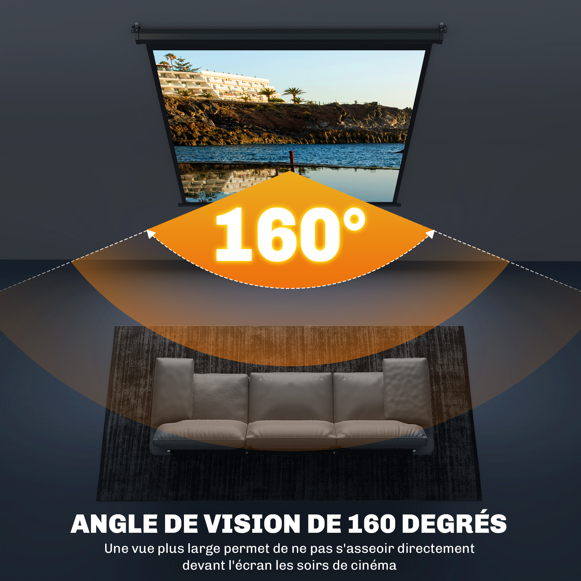 Écran de projection home-cinéma TV format 1:1 85 pouces 4K HD métal PVC noir