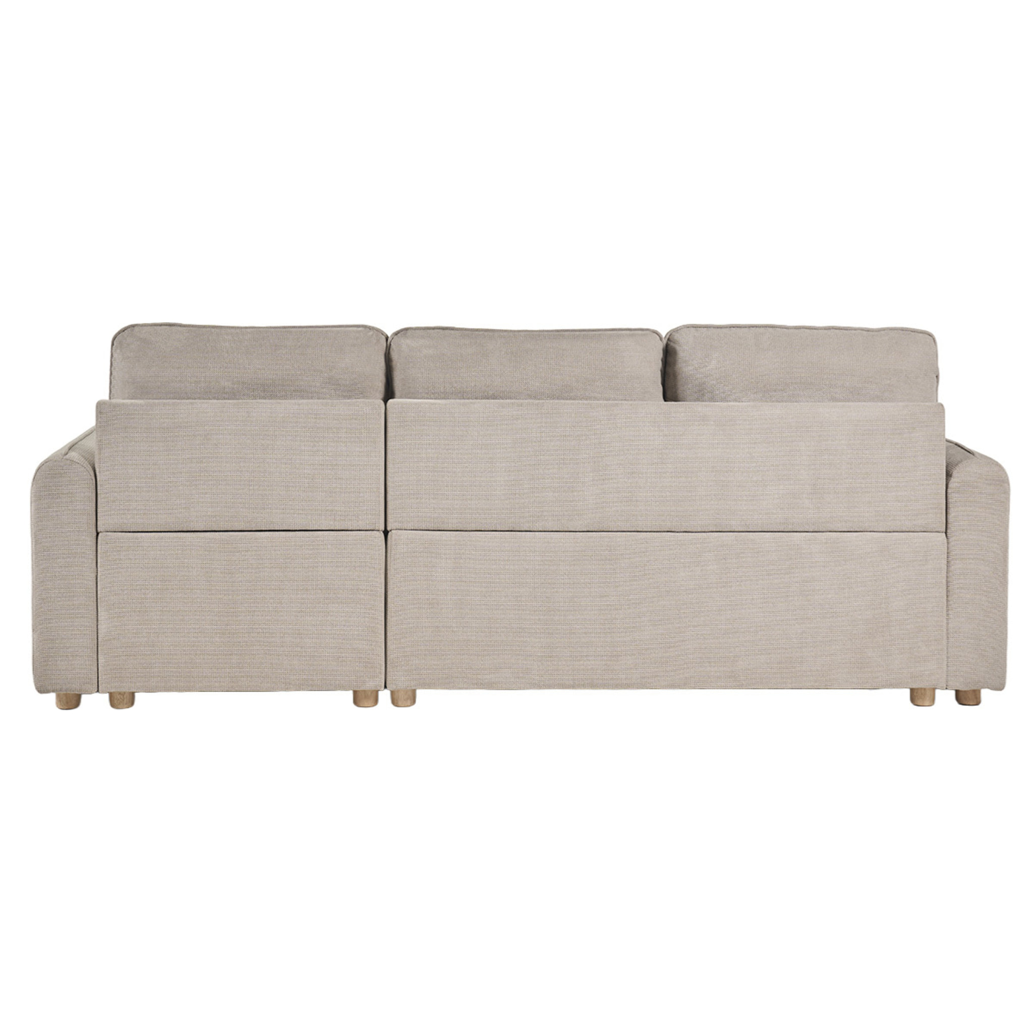 Canapé d'angle convertible réversible avec coffre 3 places en tissu chenille beige et bois clair ORSO
