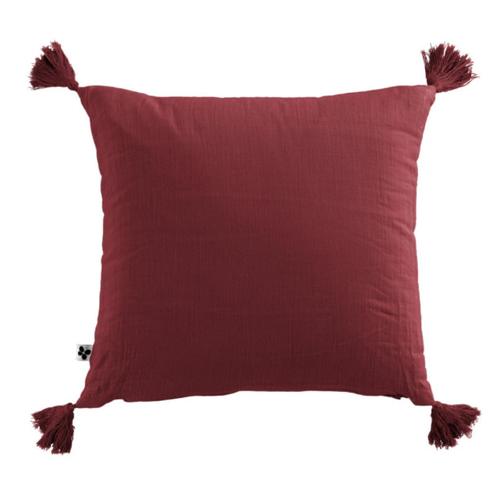 Coussin déhoussable avec pompons ''Gaïa'' 40 x 40 cm ''Gaze de Coton'' - Couleur: Gaïa Lie de Vin