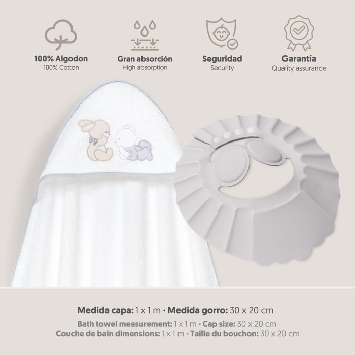 Capa Baño 1X1 Mod Oso Tumbado Conejito+Gorro Bco/Gris