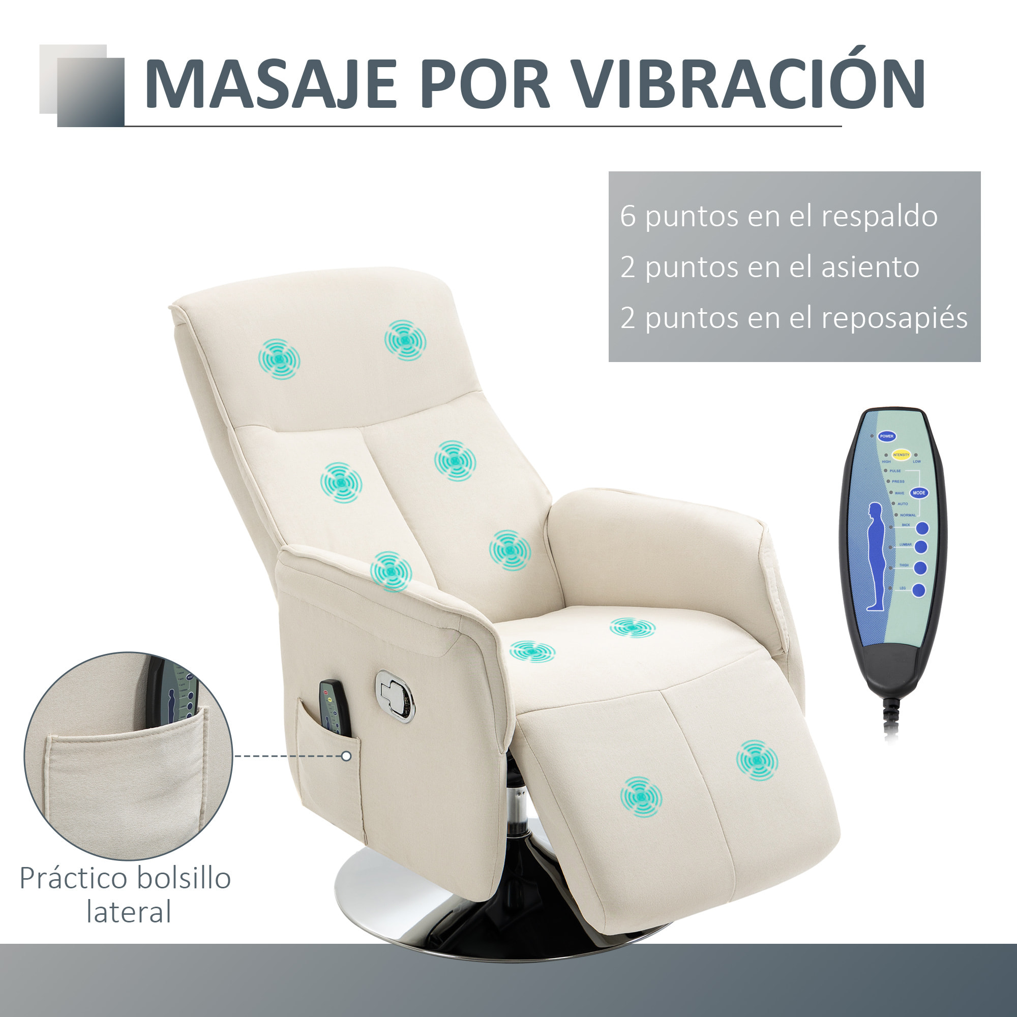 HOMCOM Sillón de Masaje Eléctrico con Reposapiés Sillón Relax Giratorio Reclinable hasta 135° con Control Remoto 10 Zonas de Masaje y Bolsillo Lateral 68,5x84x110 cm Crema