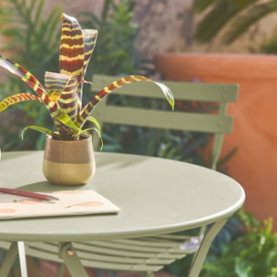 Table de jardin bistrot pliante métal + 2 assises vert de gris Ø60 x 70cm. acier thermolaqué