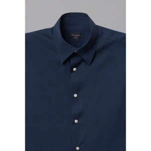 Camicia Uomo 1 Bottone Button Down Slim Popeline Stretch Unito Blu