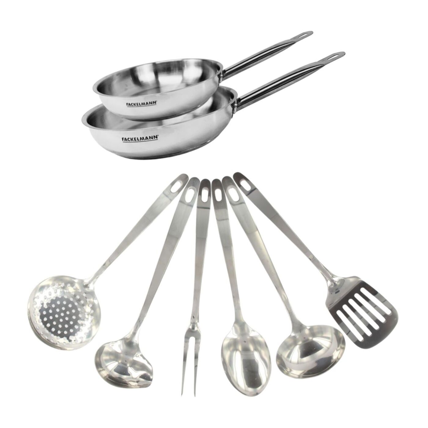 Set de 2 poêles en inox et 6 ustensiles inox Fackelmann Eterna