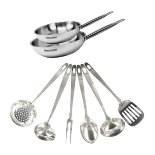Set de 2 poêles en inox et 6 ustensiles inox Fackelmann Eterna