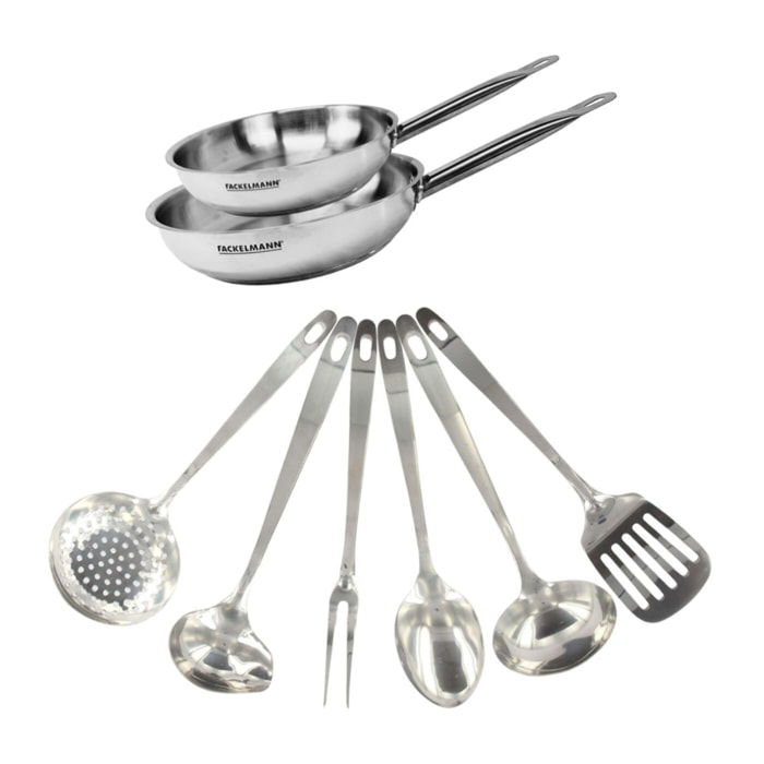 Set de 2 poêles en inox et 6 ustensiles inox Fackelmann Eterna