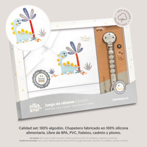 Triptico Cuna Estampado Dinosaurio Palmera + Broche Bco/Gris