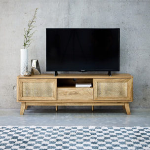 Meuble TV portes coulissantes. casier fermé. étagère effet bois et cannage 150cm