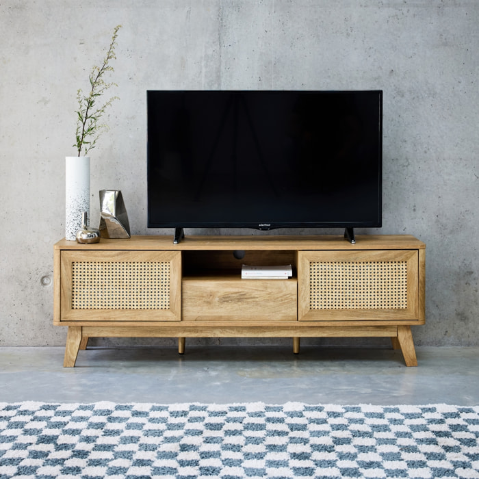 Meuble TV portes coulissantes. casier fermé. étagère effet bois et cannage 150cm