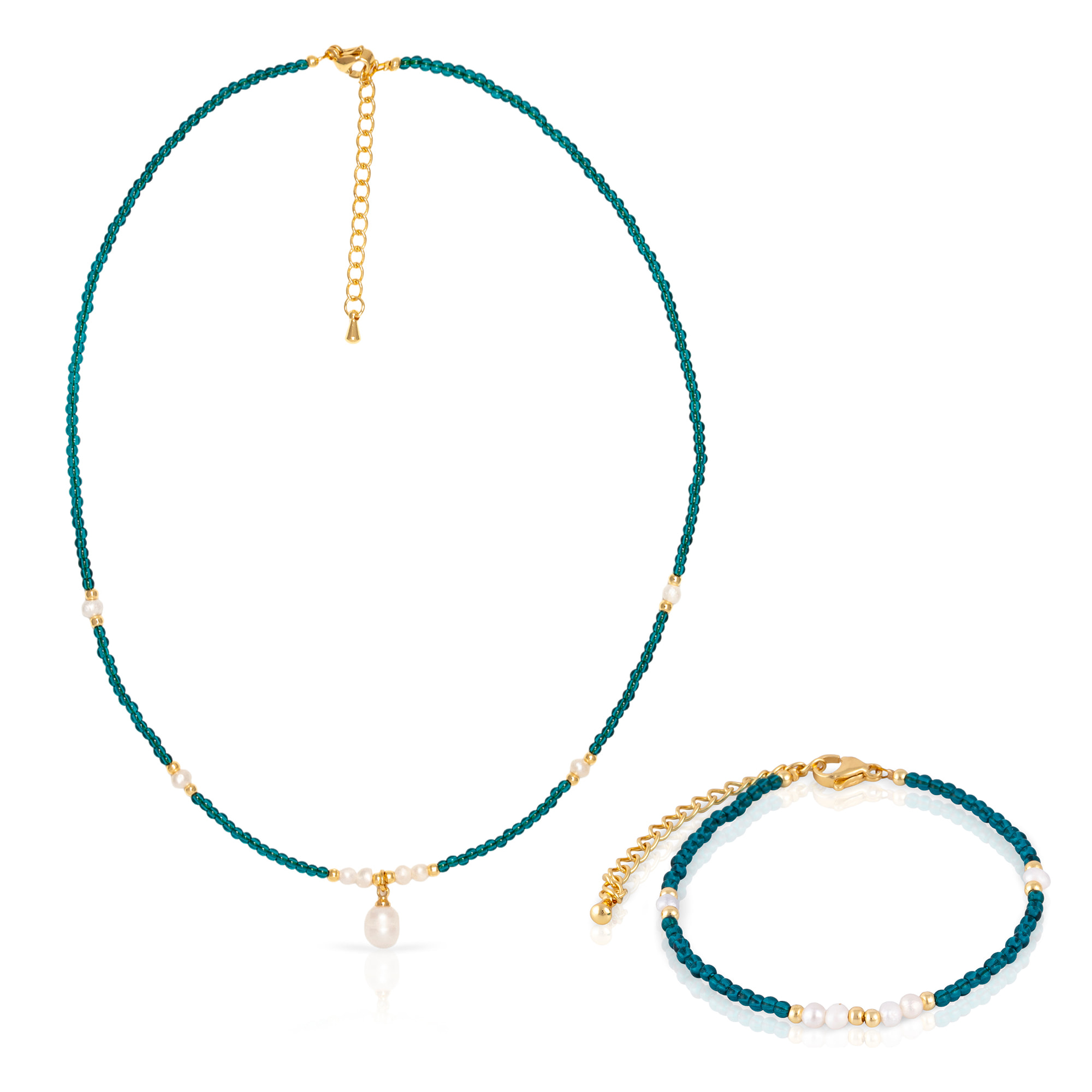 Set de pulsera y collar a juego de fosfato azul y perlas naturales con cierre de mosquetón.