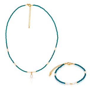 Set de pulsera y collar a juego de fosfato azul y perlas naturales con cierre de mosquetón.