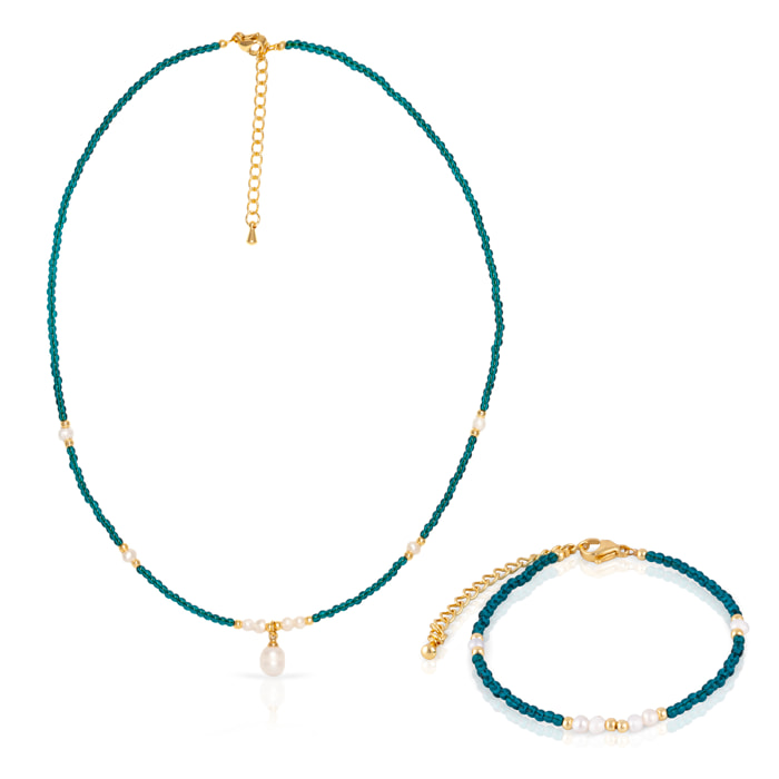 Set de pulsera y collar a juego de fosfato azul y perlas naturales con cierre de mosquetón.