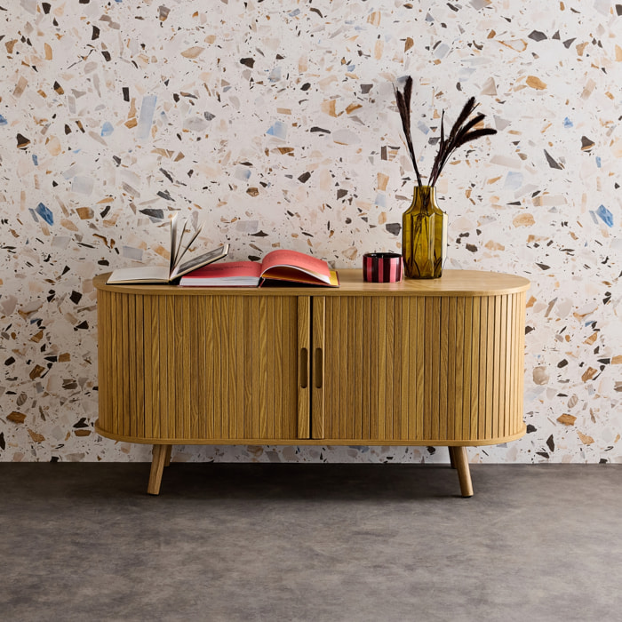 Meuble TV scandinave 2 portes coulissantes. 4 compartiments. effet bois rainuré naturel. L120 x 40 x 57 cm