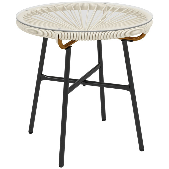Mesa de Jardín de Ratán Sintético Mesa de Centro Redonda para Exteriores con Tablero de Vidrio Templado y Patas de Metal para Patio Balcón Ø50x50 cm Crema