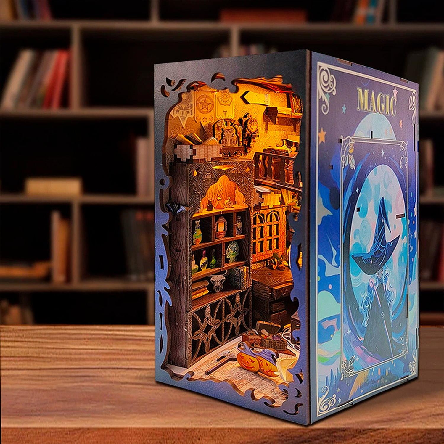 Librería mágica Sombra Lunar. Book Nook de madera, diseño 3D realista con gran detalle y luces led.