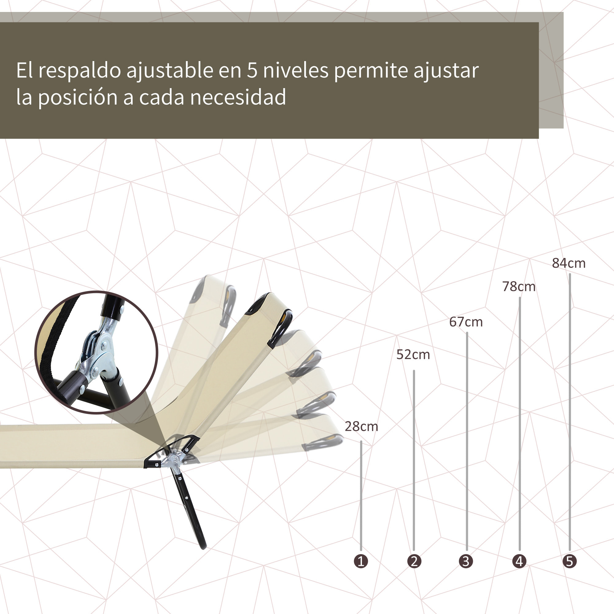 Conjunto de 2 Tumbonas Plegables Tumbonas de Jardín Reclinables con Respaldo Ajustable en 5 Niveles Carga 120 kg para Terraza Piscina 188x56x28 cm Beige