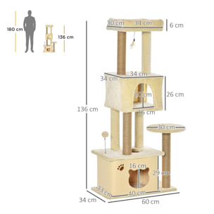 Árbol Rascador para Gatos Grande 60x34x136cm Centro de Actividades Plataformas