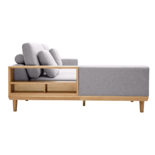 Canapé d'angle gauche 5 places avec rangements en tissu effet velours texturé gris clair et bois clair KOMAO