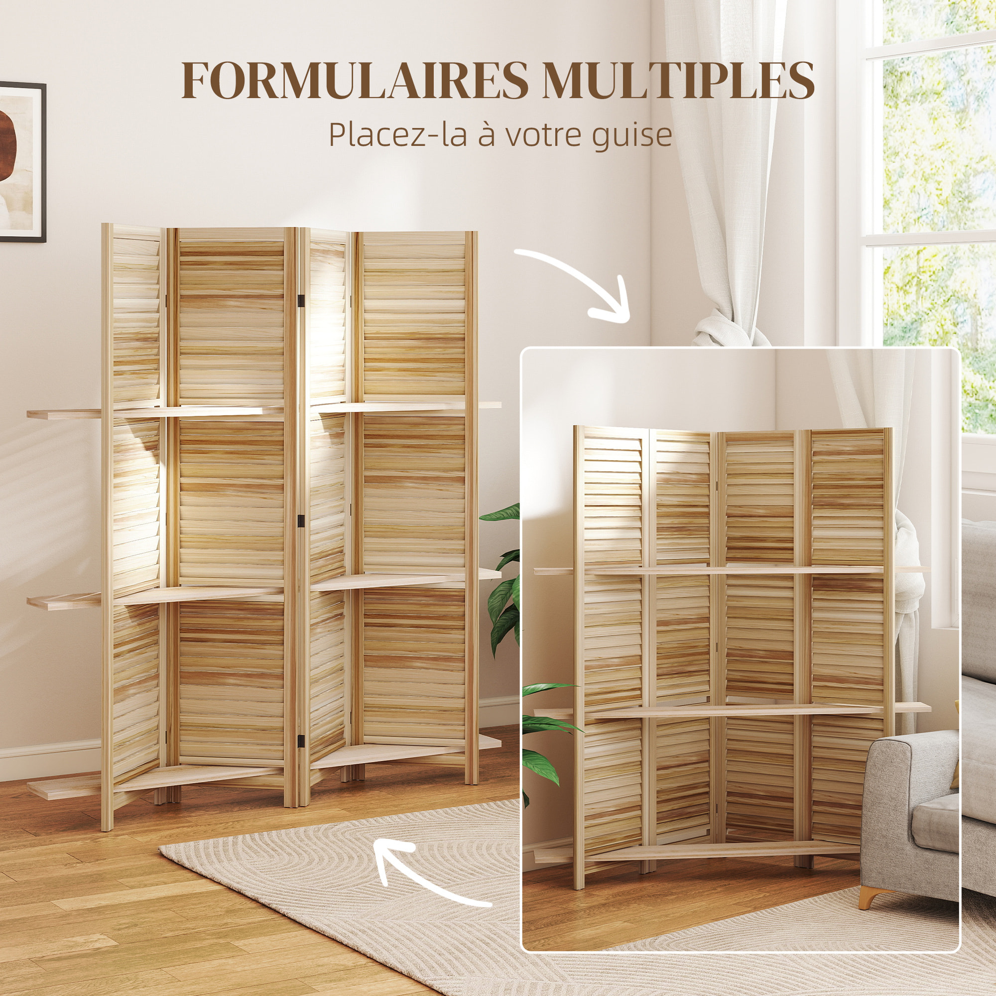 Paravent intérieur 4 panneaux 3 étagères pliables séparateur de pièce portes persiennes bois de paulownia autoclave