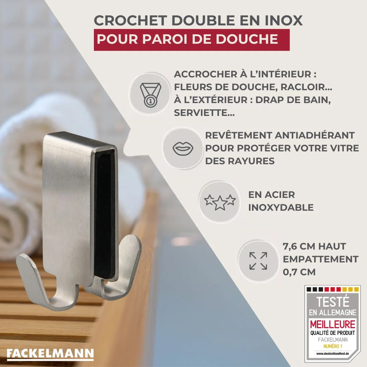 Double crochet pour paroi de douche en inox Fackelmann Tecno