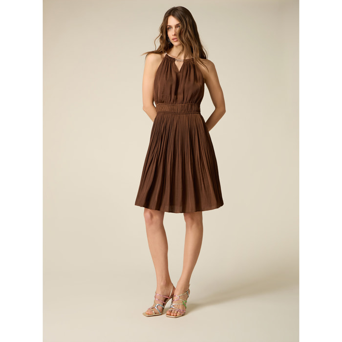 Oltre - Vestito flare in raso con collana gioiello - Marrone