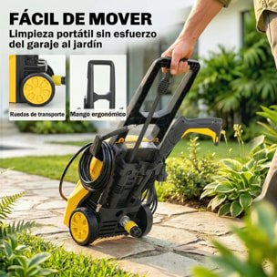 Hidrolimpiadora de Alta Presión 1600W, Presión 120 Bar, Caudal 390 L/h, con Bomba de Aluminio, Parada Automática, Manguera 3 m, Boquilla Ajustable, Ruedas para Hogar, Jardín, Coche, Amarillo