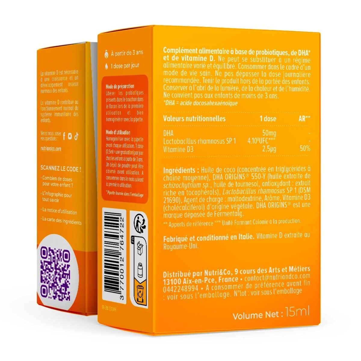 Probiotiques Enfant Vitamine D & Oméga 3 - Format Liquide 15ml - Lot de 3