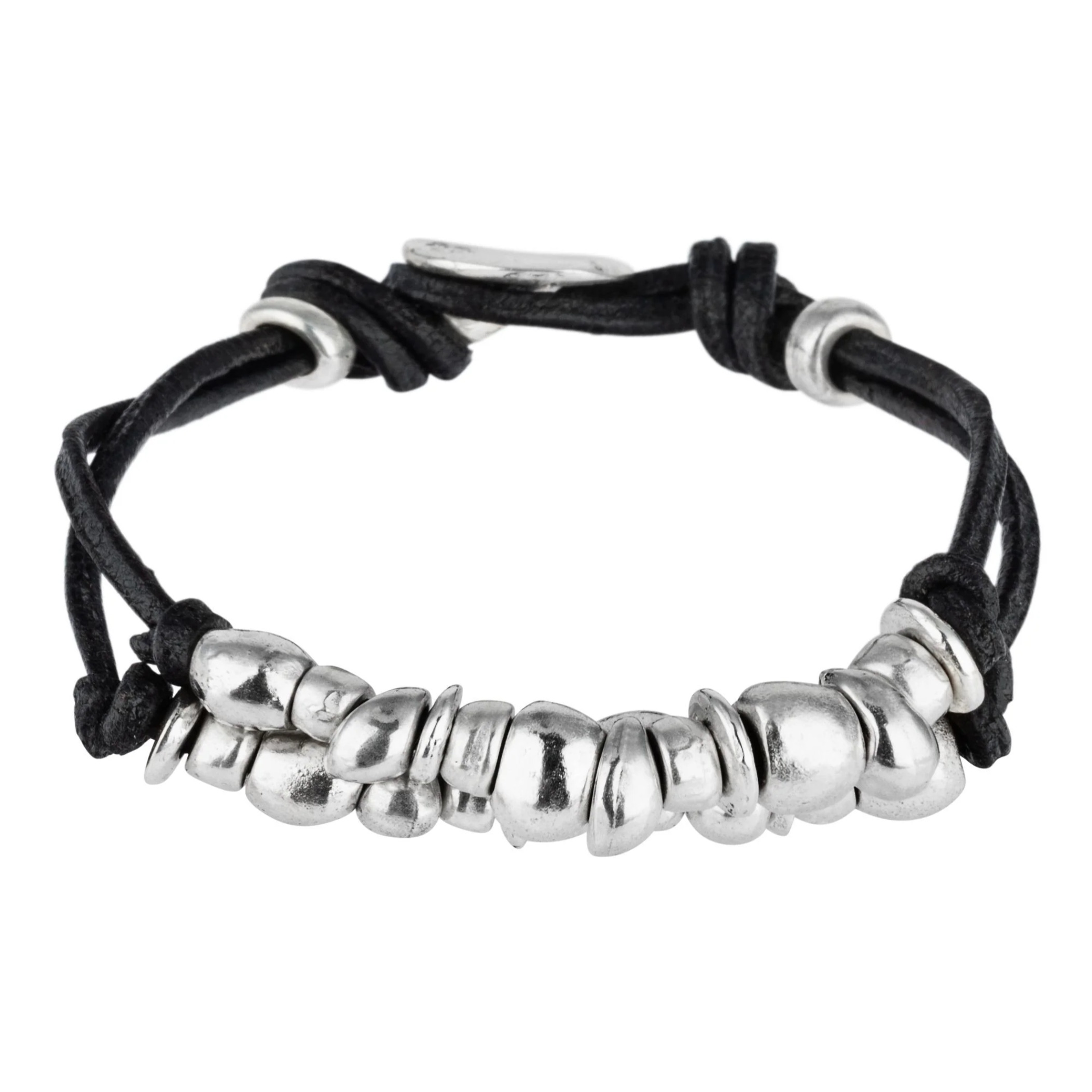 Pulsera doble cuero negro plata chapado